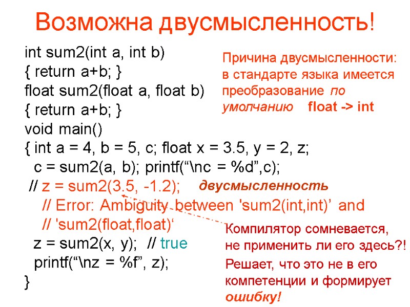 Возможна двусмысленность! int sum2(int a, int b) { return a+b; } float sum2(float a,